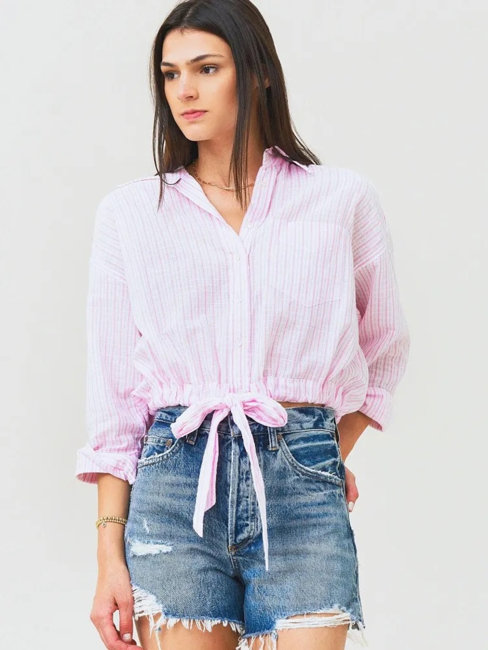 XiRENA Pink Striped Button-Down Tie-Waist Shirt